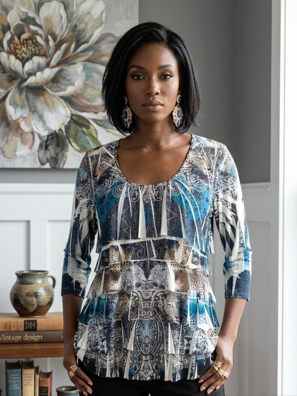 Reina Vintage Y2K Artistic Animal Print Tiered Tunic TopBlue,Black,White,Size 2